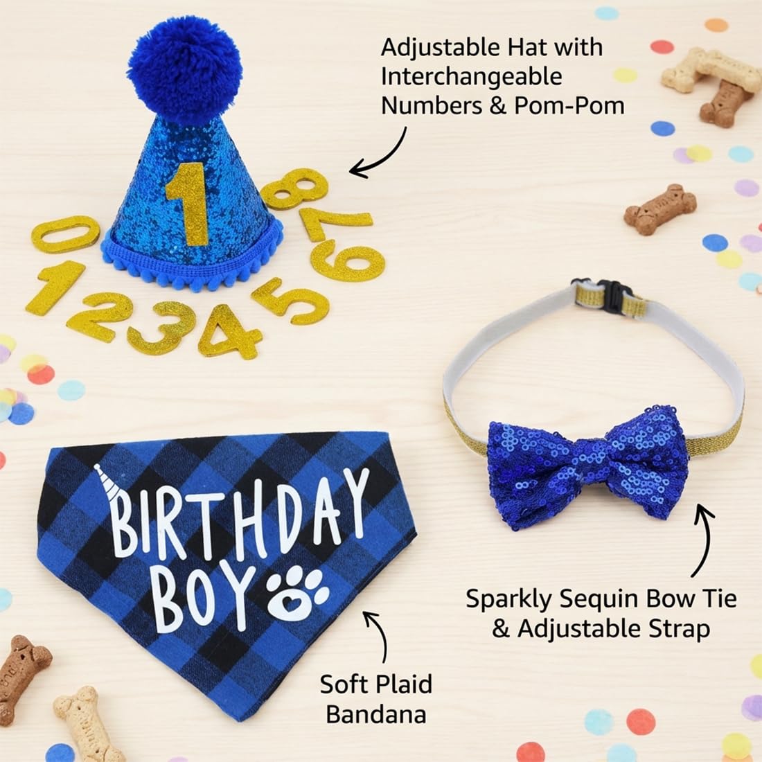 Set di cappello e bandana per compleanno cane, 3 pezzi, con 9 numeri glitter, decorazioni per festa cane, bandana compleanno cane, cappellino compleanno cane (Blu)