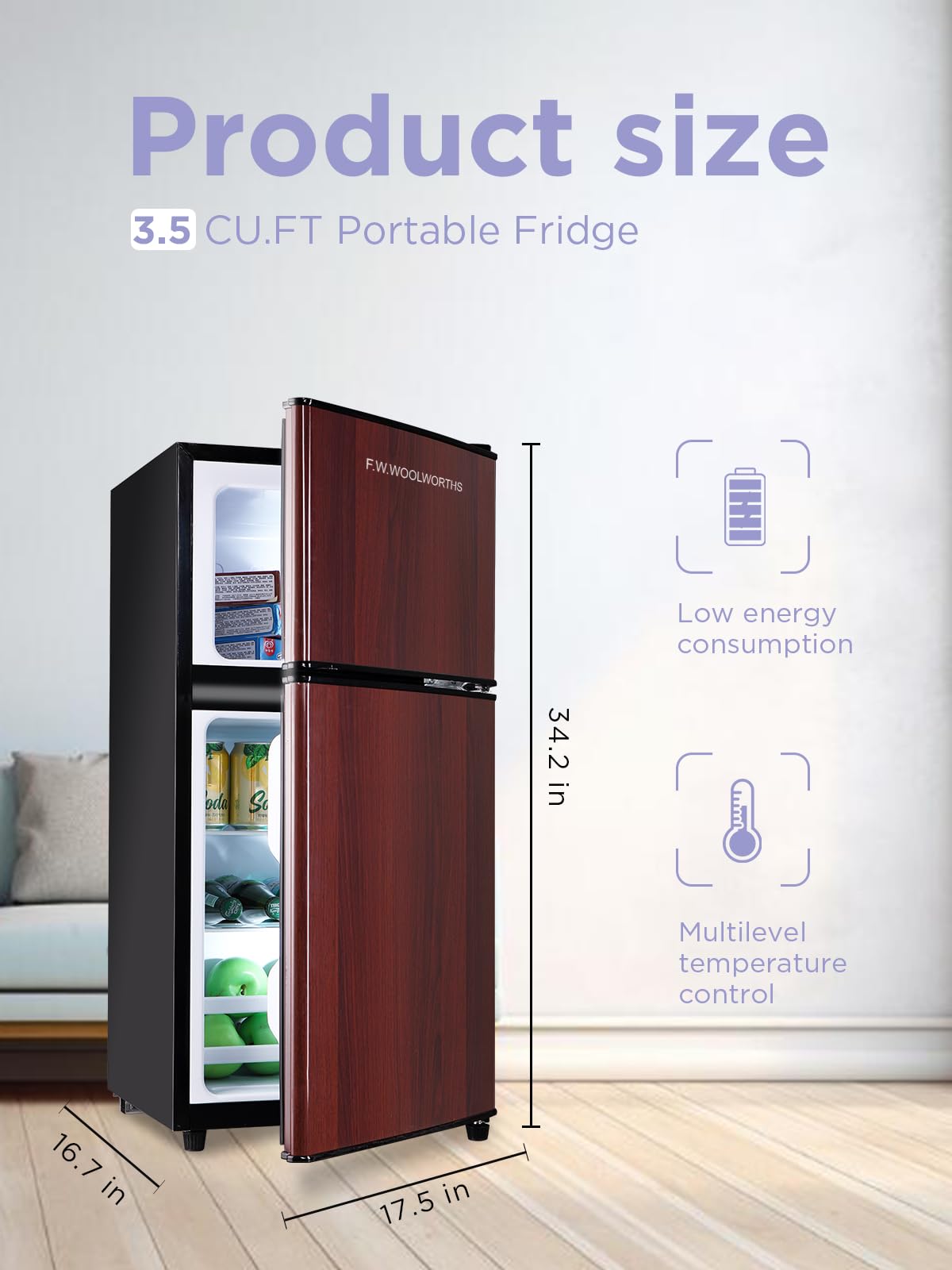 F.W.Woolworths 3.5 Cu.Ft Compact Refrigerator With Freezer, Mini Fridge With 2 Doors, Small Fridge With Adjustable Thermostat For Dorm, Office, Bedroom, RV, Home, Wood on Fridge.com - View 3