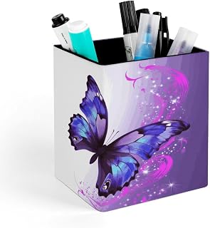 PU Leather Desk Purple Butterfly Pencil Holder for Office Supplies | Scratchproof Smooth Surface, Compact 4.3" Square Fits Tight Desk, Organizer Caddy for Office Studio Vanity Business Workspace