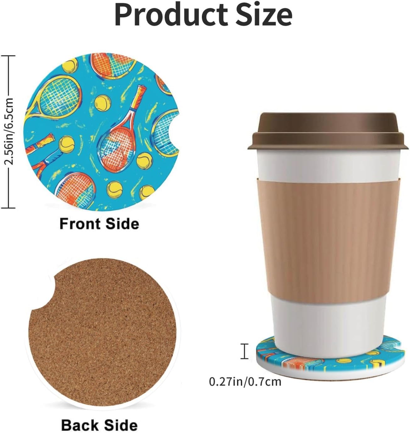Tennis Rackets Colors Absorbent Car Coasters 2 Pack Cup Holders, 2.56" Ceramic Stone & Non-Scratch Cork Base Drink Coasters Cute Car Assecories for Women Men image 2