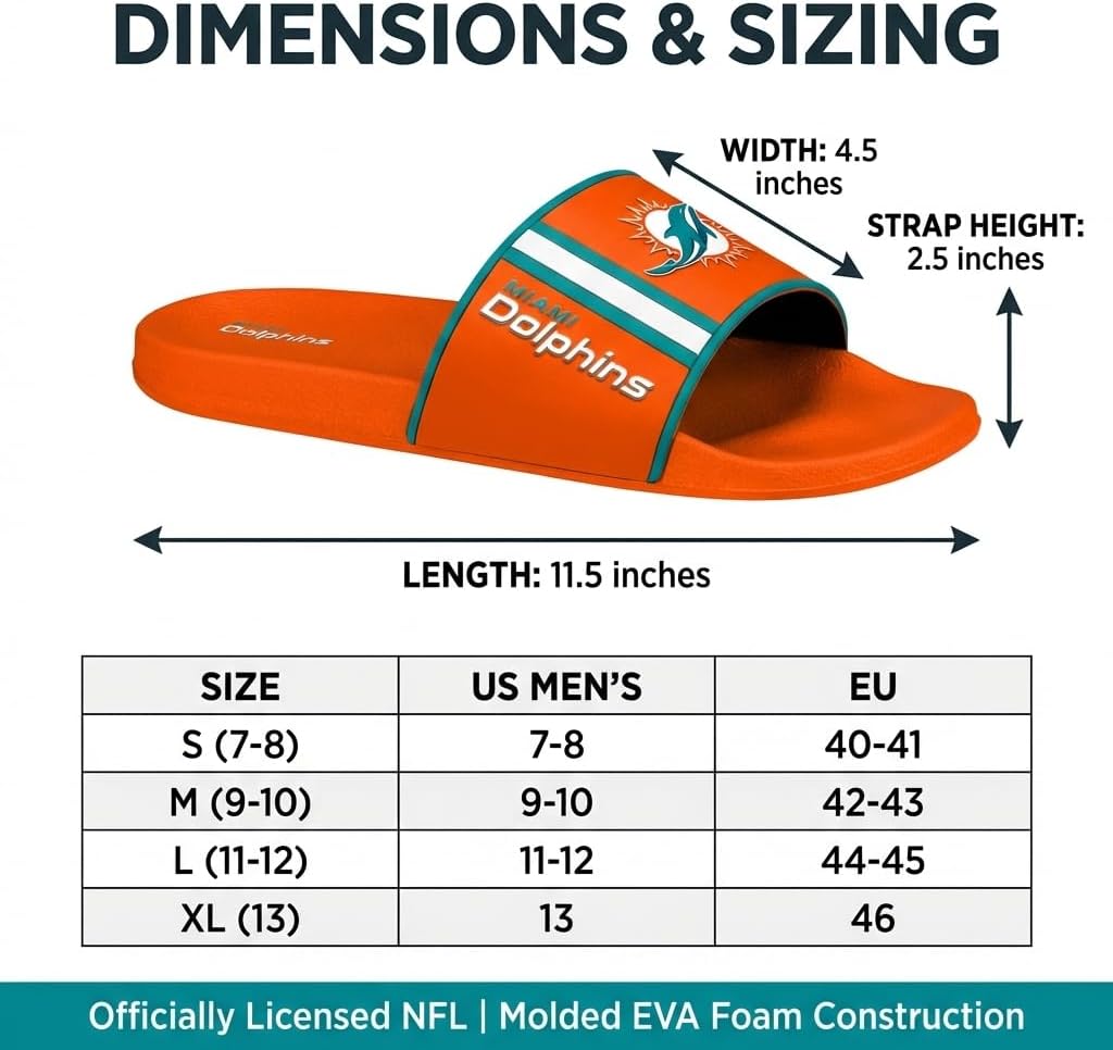 FOCO Miami Dolphins Slides for Men NFL Molded EVA Foam Sandals | Water Resistant, Officially Licensed