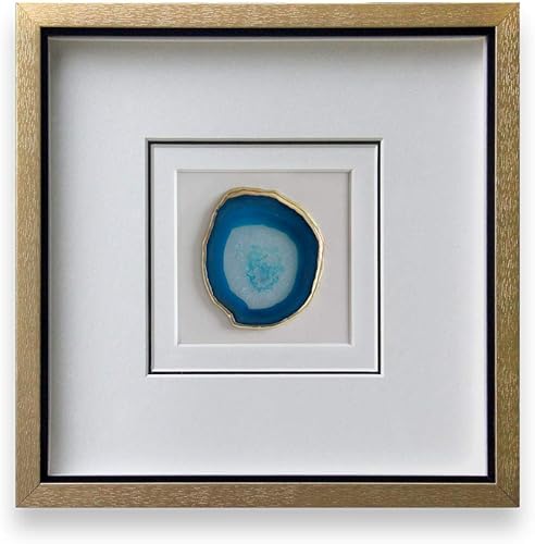 Arte moderno de pared enmarcado de ágata natural de 16 x 16 pulgadas, con borde dorado de 4 pulgadas, con cristal para sala de estar, dormitorio,