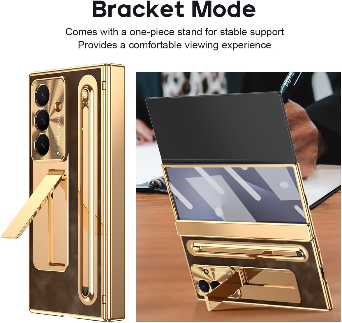 NINKI for Samsung Galaxy Z Trifold Case with S Pen & S Pen Holder, Kickstand & Screen Protector Hinge Electroplating Leather Phone Cover for Z Trifold Case with Stand and Stylus – Gold with Coffee