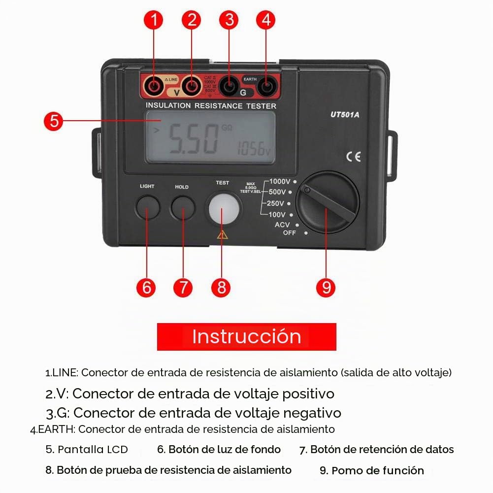 Probador de aislamiento digital, UT501A Multímetro de resistencia de tierra de aislamiento de 1000 V Probador de voltímetro multifunción con pantalla LCD grande