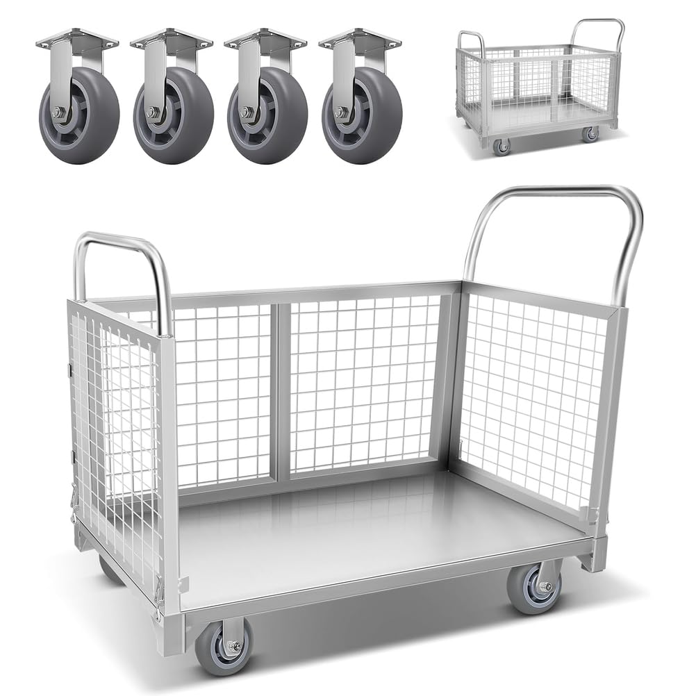 Carro de Plataforma con Jaula,Carro de Plataforma Resistente con Ruedas de Goma, Carga de 300 Kg,Carro de Plataforma con Valla,Carretillas Manuales para Almacén,Comestibles