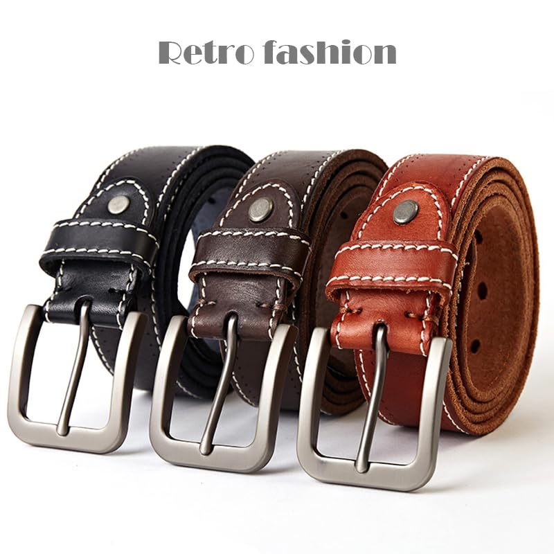 Cinturón Ajustable de Cuero Genuino, Cinturón de Cuero for Hombre, cinturón Vaquero de diseño Informal Retro, Hebilla de Metal Alta(Brown,125)