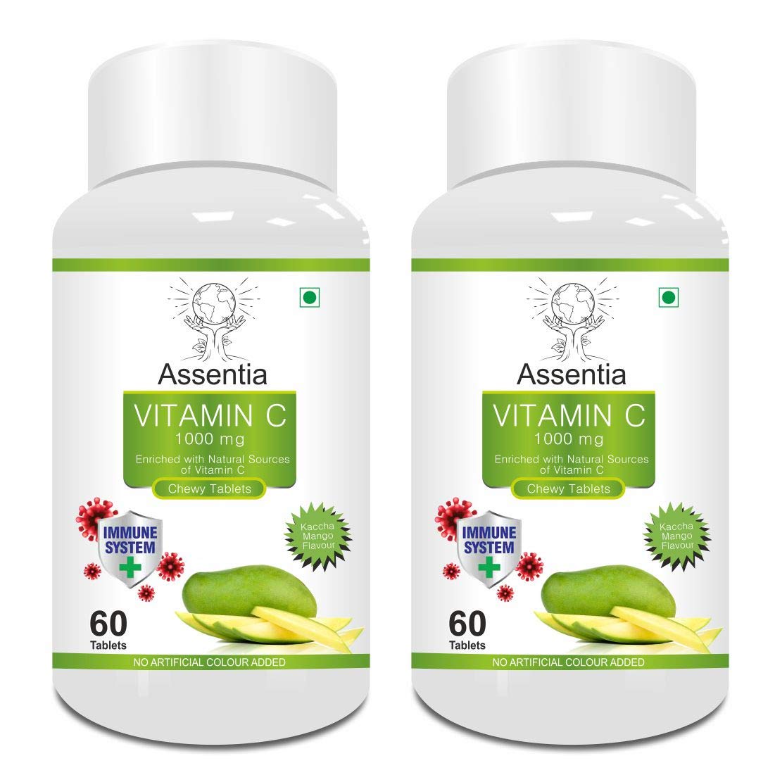 Assentia Vitamin C Chewable Tablets With Rose Hips and Bioflavonoids Extract 1000mg Collagen Immunity Booster Support for Adults, Antioxidant Supplement For Bones, Skincare (Mango Pack of 2)