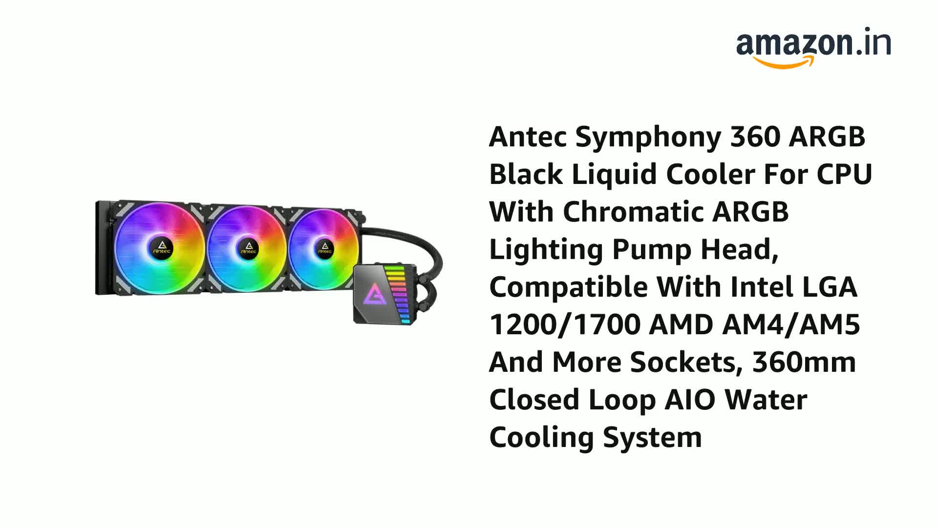 Antec Symphony Refroidisseur de processeur liquide ARGB blanc 360 mm, ventilateur PWM LED, 14 ailettes de refroidissement denses, compatible avec les ordinateurs de bureau LGA 115x, 1200, 2011-v3