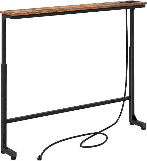 Kitstorack Narrow Console Table Behind Sofa Couch, Design with Adjustable Height (25-33) & Power Outlets, Small Entryway Table - 5.9 D x39.4 L, Rustic Brown
