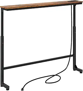 Kitstorack Narrow Console Table with Adjustable Height and Power Outlets - Rustic Brown