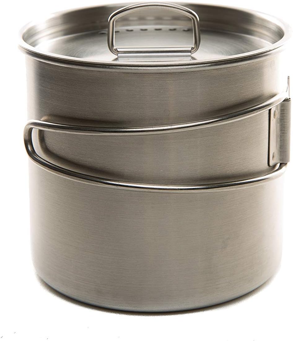 Camping Hiking Outdoor Cookware Set – Cup Plus Lid, 20 oz / 600ml Stainless Steel Cooking Cup Pot with Vented Lid, Folding Handles and Measurement Marks