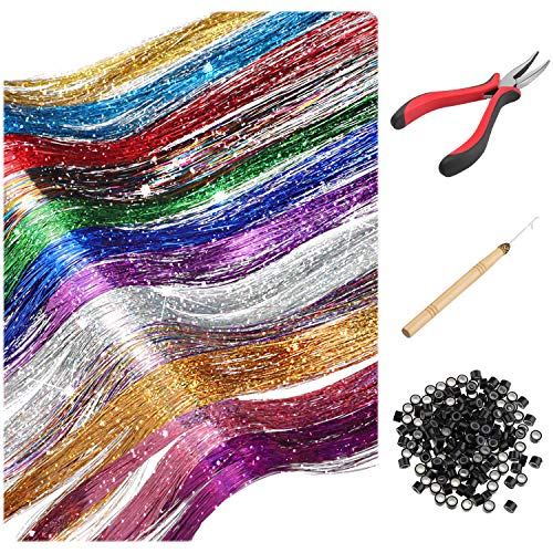 Hair Tinsel Strands Kit, Tinsel Hair Extensions, Fairy Hair Tinsel Kit for Women Girls with Tools (12 Colors+Black Silicone Link Rings Beads, 2400 Strands)