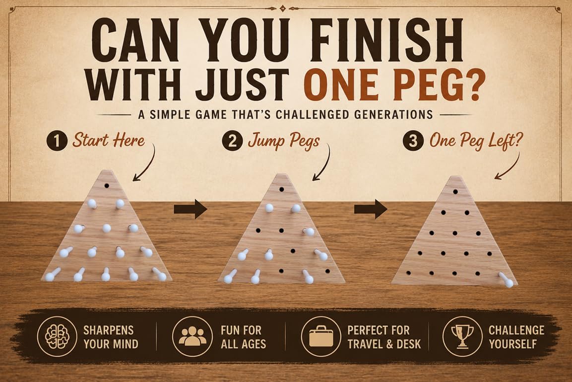 Wooden Peg Game – Solid Oak Triangle Brain Teaser Puzzle with 14 Pegs | Classic Travel Game image 3