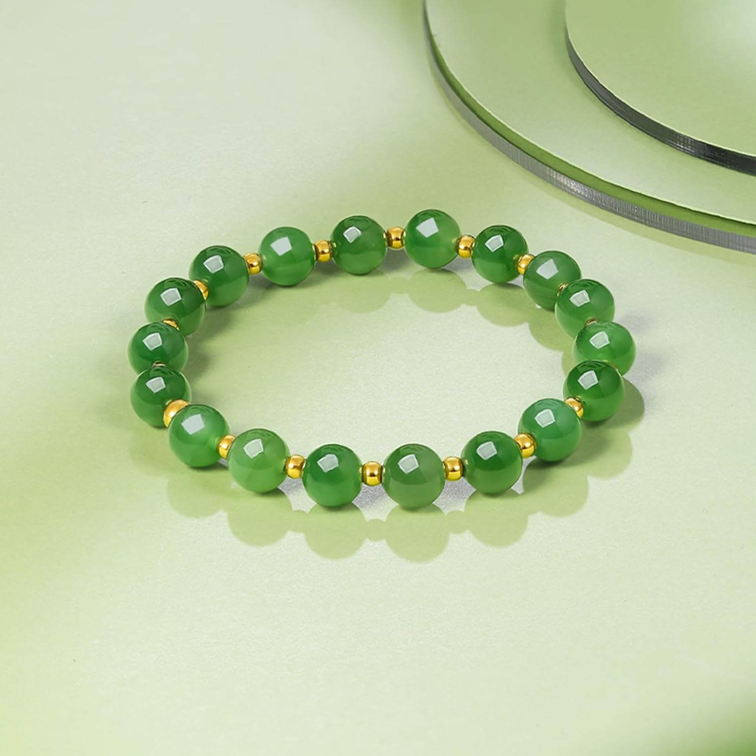 24K Solid Gold Green Jade Bracelet Pure Real Gold Stretch Beaded Bracelet Gold Jewelry for Women Lover Mom Y1912155 - Image 5