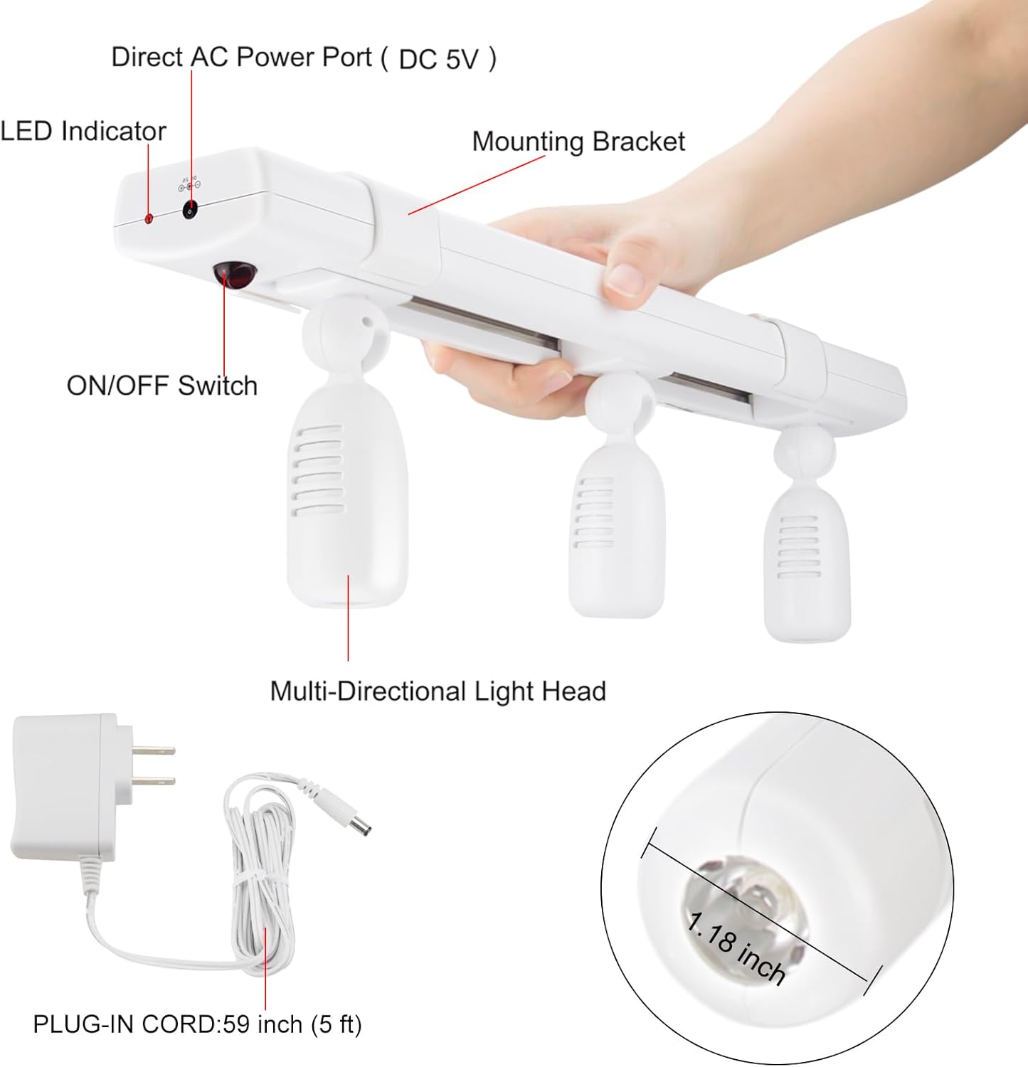 LUXSWAY LED Track Light Plug in Spotlight with Remote and 3 Adjustable Light Heads, Dimmable Under Cabinet Track Lighting for Indoor Artwork, Picture, Closet, Cabinet