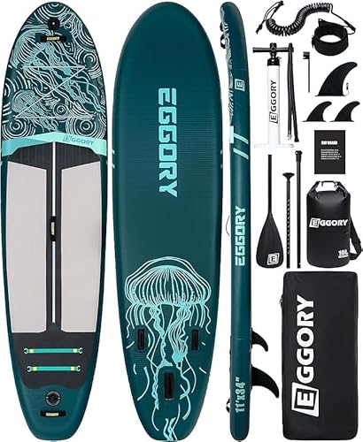 Inflatable Paddle Board,Stand Up Paddle Board Set, Extra Wide SUP Board with Removable Fin, Floating Paddle, Hand Pump, Waterproof Phone Pouch,Traveling Board (JF Dark Green)