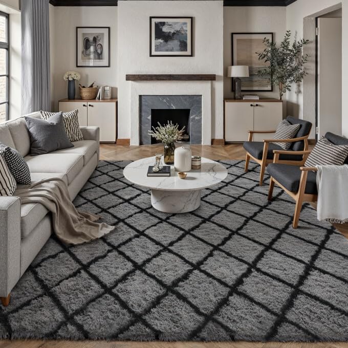 6x9 Checkered Rug for Living Room Grey and White Modern Soft Area Rug Fluffy Non-Slip Carpet for Bedroom Playroom Home Aesthetic Decor