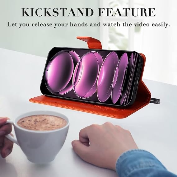 Designed for Samsung Galaxy S23 Ultra 蝶紋皮革ケースPU皮革折りたたみ携帯ケースは、男性、女性用カードホルダーとバンドTPU内ケース磁性カバー財布ケースに適している Orange