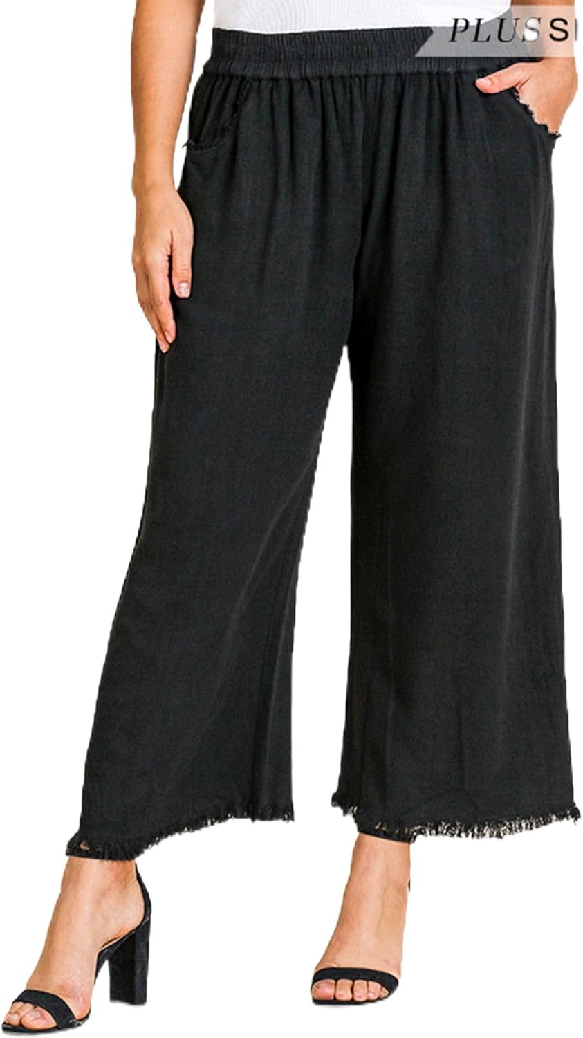 Umgee Womens Wide Leg Pant with Elastic Waist, Pockets, and Frayed Hem (US, Alpha, 1X, Regular, Regular, Black)