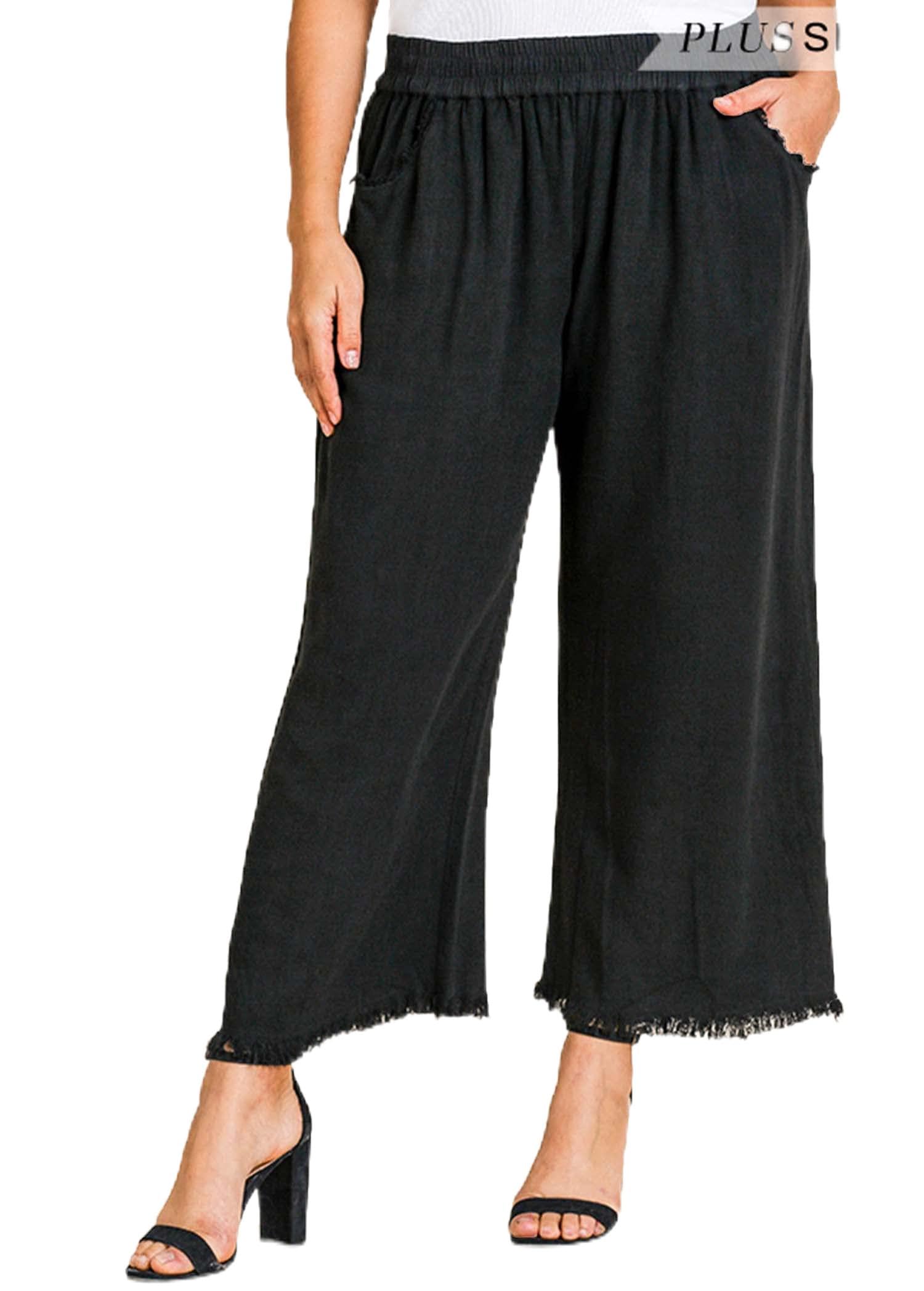 Umgee Womens Wide Leg Pant with Elastic Waist Pockets and Frayed Hem US Alpha 1X Regular Regular Black