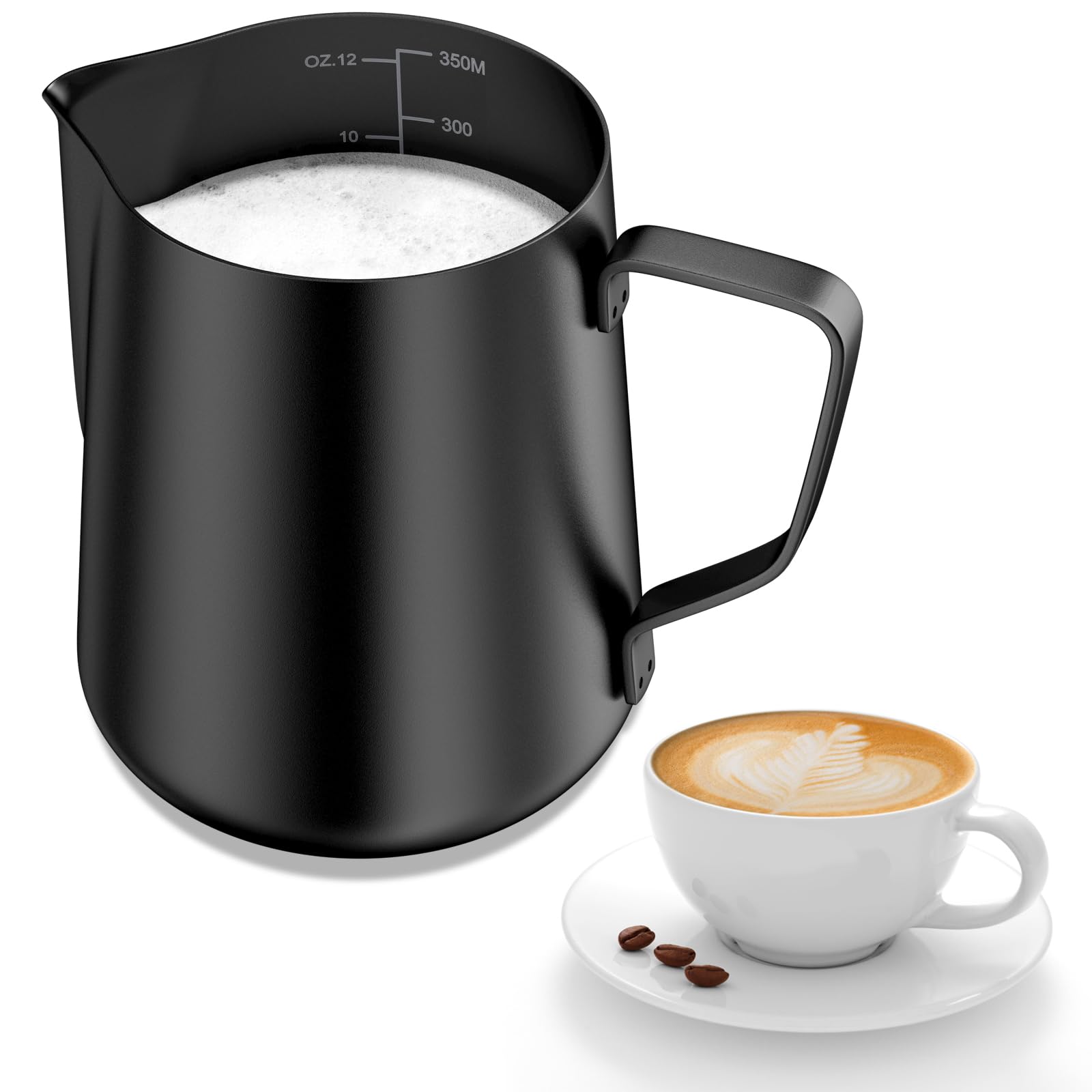 Newaner Dzbanek na mleko 350 ml do spieniania mleka ze stali nierdzewnej 304, dzbanek na mleko z pomiarem Mark 32 oz dla baristy, dzbanek do mleka do cappuccino, espresso, latte art, idealny dla
