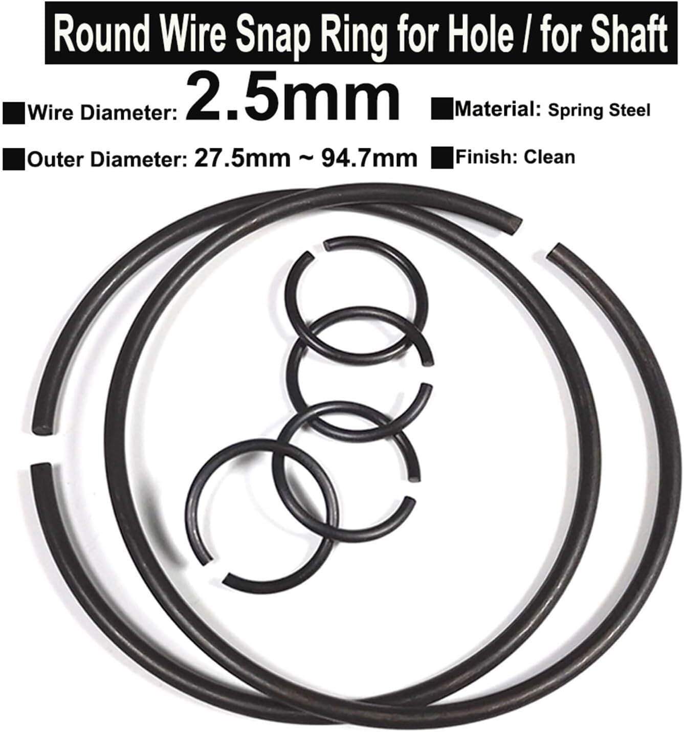 Retaining Rings，Round Snap Ring，10Pcs Wire Diameter φ2.5mm Spring Steel Round Wire Rings for Hole Retainer Circlips for Shaft OD=27.5mm~94.7mm(2.5x75x25)
