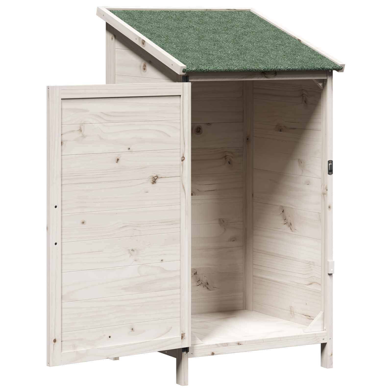 Drewniany domek ogrodowy, biały, 59,5 x 56 x 113,5 cm, z materiału drewnopochodnego z drzwiami wentylacyjnymi i nachylonym dachem asfaltowym do przechowywania narzędzi ogrodowych