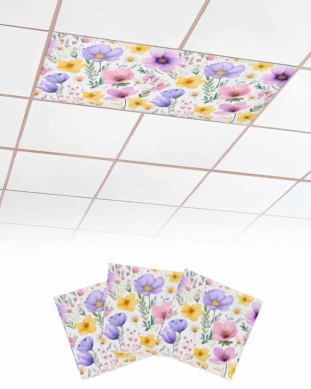 EwdeWwo Spring 3 Pcs Fluorescent Light Covers for Ceiling Lights, Colorful Floral Leaf Plant Magnetic Light Filters for Eliminate Harsh Glare Classroom Office Decoration, 4 x 2 Ft