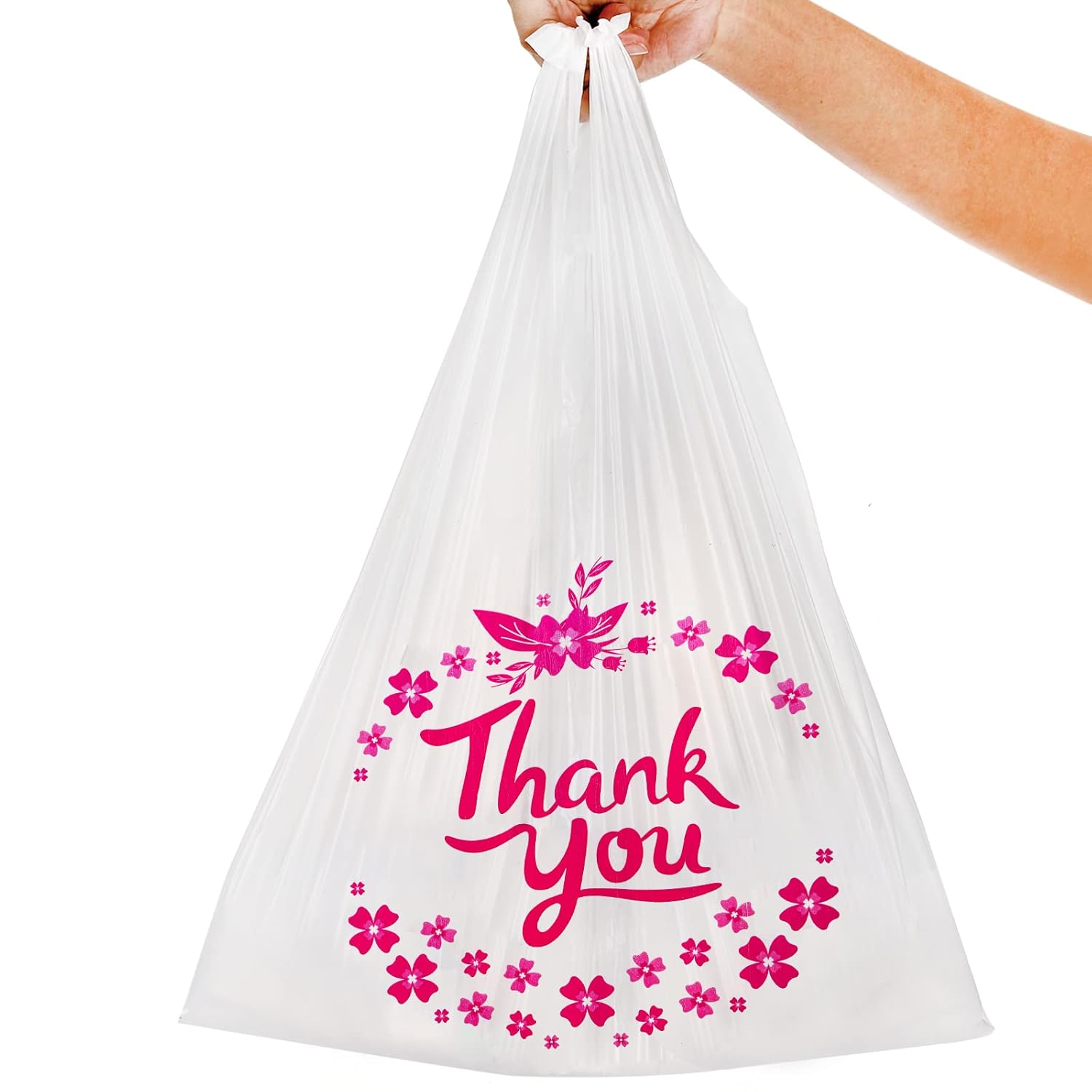 ZENFUN 500 Pack Thank You T Shirt Bag, 15 Mic, 0.6 Mil Bulk White Shopping Bag with Handles, Plastic Grocery Bags To-go for Small Business, Retail, Restaurant, Takeout, 13 x 7 x 21 Inches - Image 3