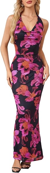 Maxi abito da donna con stampa floreale, scollo ad anello, elegante, per balli studenteschi - 1