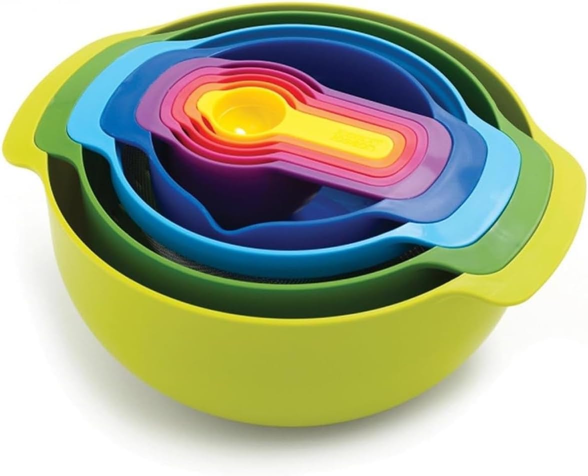 Joseph Joseph Nest 9 Plus, 9 Piece Compact Food Preparation Set with Mixing Bowls, Measuring cups, Sieve and Colander, MultiColor