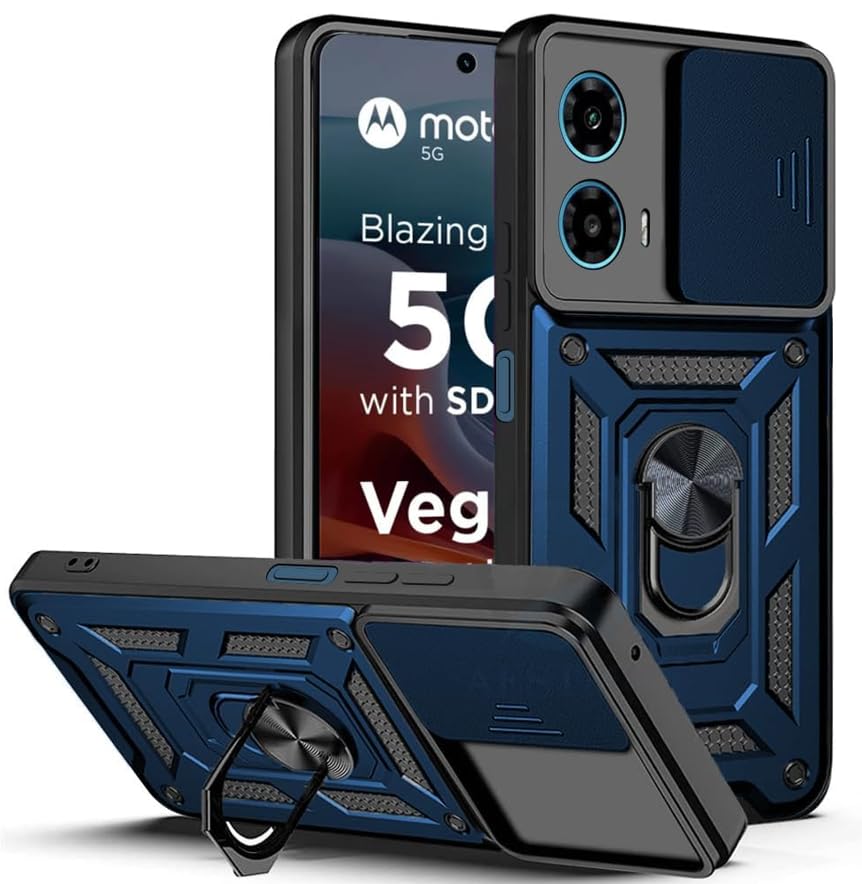 Image of SPAZY CASE Moto G35 5G Back Case | Heavy Duty Hybrid Case with 360 Degree Rotating Finger Ring Holder + Slider Shutter Camera Protection Cover for Moto G35 5G 5G - Blue