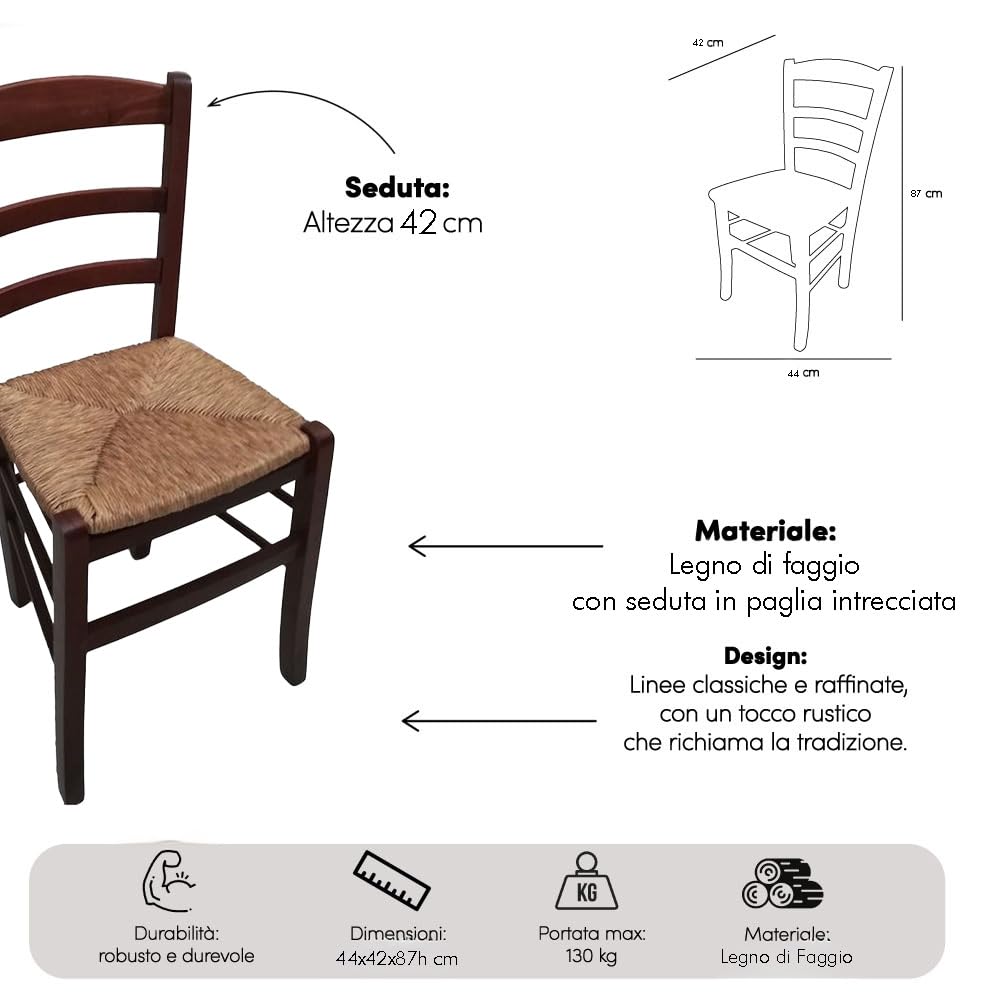 Set Sedie in Legno con Seduta in Paglia - Ampia, Compatta, Schienale Alto, Robusta, Paesana, Rustica, per Cucina, Agriturismo, Ristorante, Soggiorno - 45×45×88 CM (2, Noce)