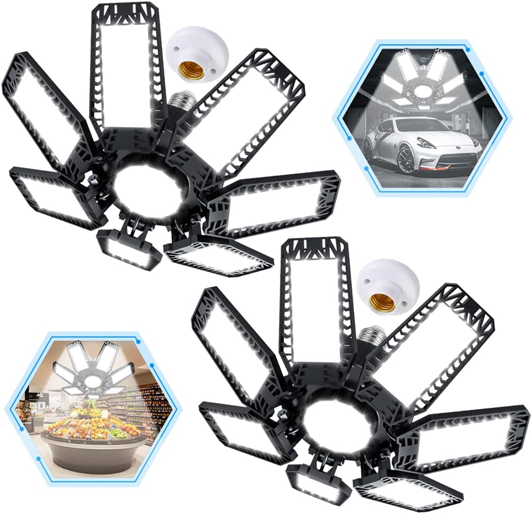 2 Pack LED Garage Light, 200W 20000lm Lighting, Bright Ceiling Shop Light With 7+1 Deformable Panel, 6500K Daylight E26/E27 Screw in LED Lights for Workshop, Basement