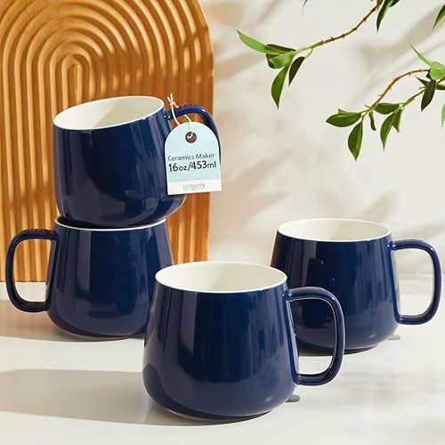 Teocera Juego de 4 tazas de café de cerámica de 16 onzas, apilables, aptas para microondas, lavavajillas y horno, ideales para café, capuchino,