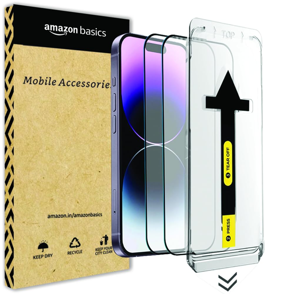 Amazon Basics Easy Fit Tempered Glass Screen Protector Guard for iPhone 15 Pro (Pack of 2)