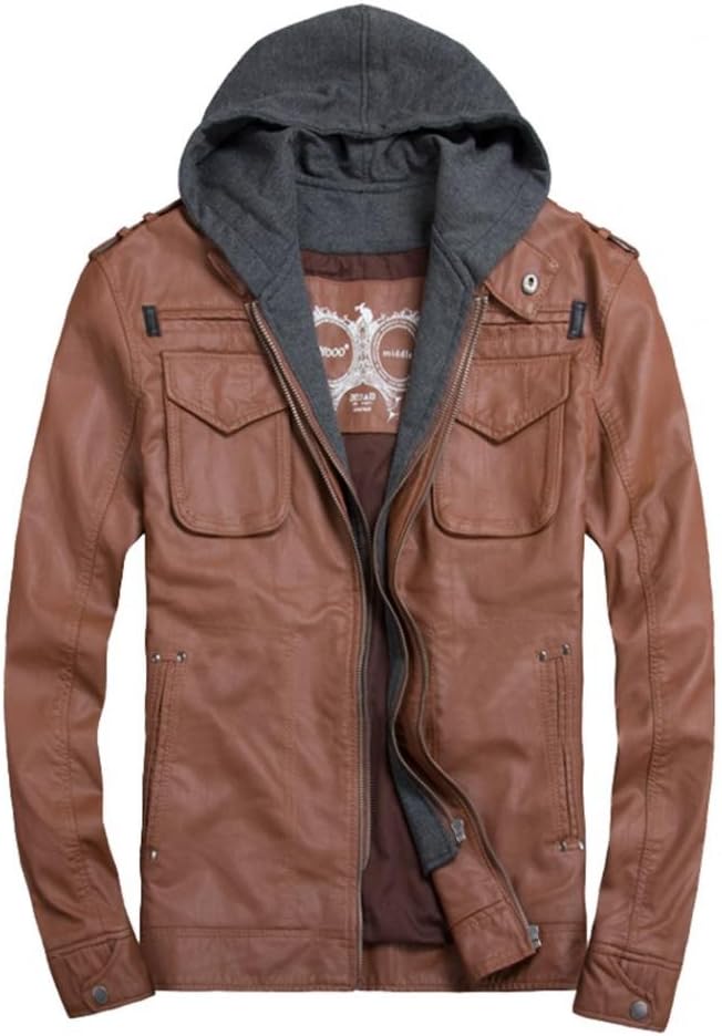 LXTH00o Men's Classic PU Zip Hooded Biker Rock Punk Jacket Coat Chocolate XXL