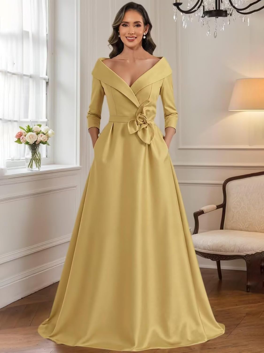 A Line Satin Mother of The Bride Dresses for Women Long Sleeve Flower Puffy Ball Gown Wedding Guest Dress with Pockets - Image 3