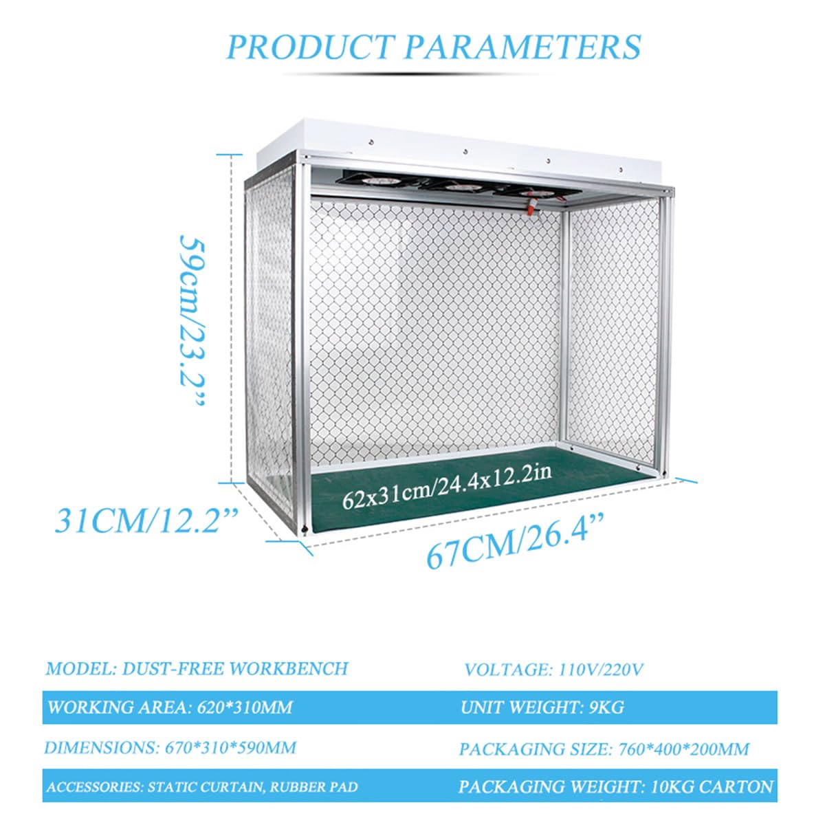 Aluminium Laminar Flow Hood Air Flow Clean Werkbank, Vertikale Laminar Flow Hood mit 3 Ventilatoren, 62 x 31 cm Arbeitsbereich, Leiser Betrieb, für Reparatur/Werkstatt/Labor