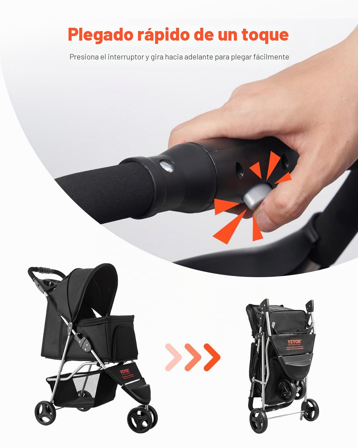 VEVOR Cochecito para Mascotas Capacidad 16kg Carrito Plegable para Perros de 3 Ruedas con Ventana de Malla y Portavasos Cochecito Portátil Tela Oxford 600D con Freno para Mascotas Pequeñas Medianas