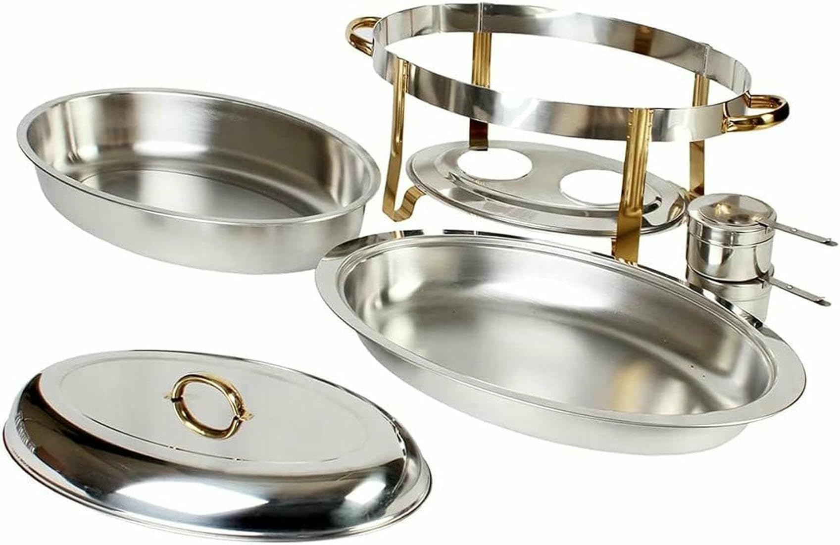 Chafing Dish Ovale da 6 Litri, Set di Scaldavivande in Acciaio Inox 201, Vassoio di Dimensioni Standard, con Teglia per Alimenti, Teglia per L'Acqua, Telaio, Coperchio E,Silver