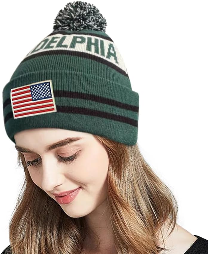 US Flag City Football Embroidery Classic Pom Cuff Philadelphia Beanie Hat Cuffed Winter Soft Beanie Knit Pom Hat Cap Green - Image 3