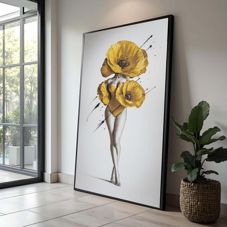 Affiche silhouette féminine TONGYINLI toile fleurs jaunes de style abstrait 60x105cm