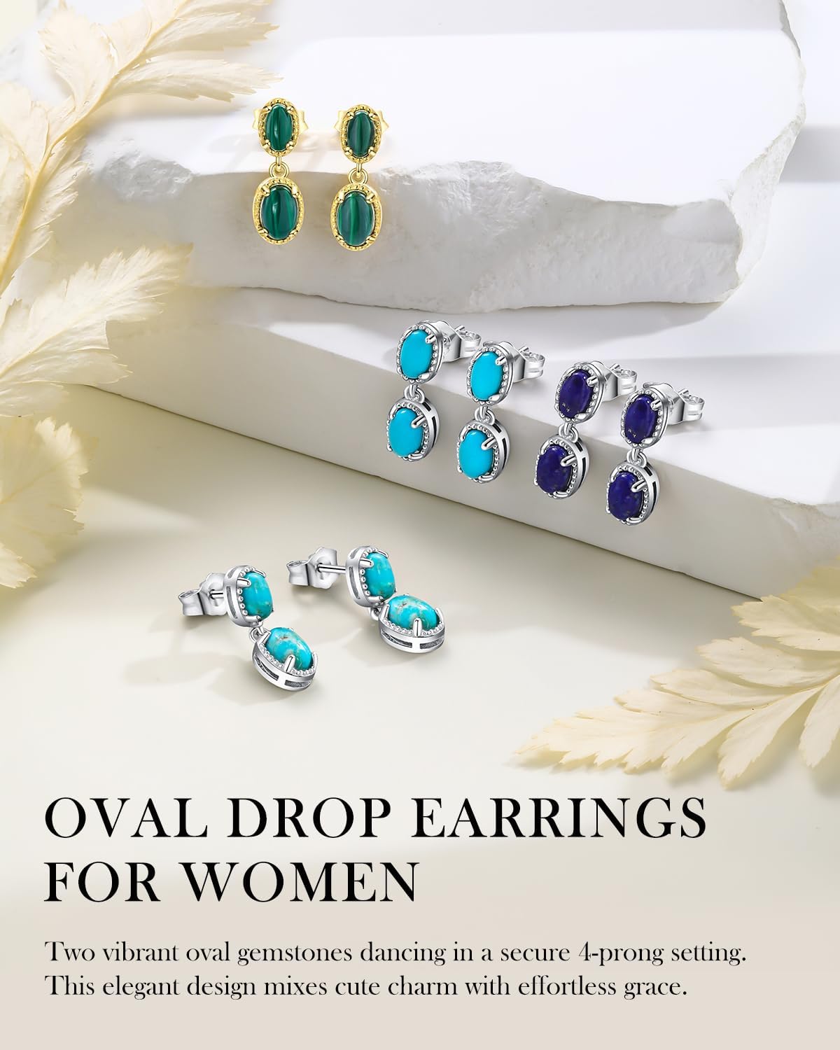 AIBAO Natural Oval Gemstone Drop Earrings for Women Turquoise/Lapis Lazuli/Malachite Stud Earrings Hypoallergenic Sterling Silver Statement Earrings Western Bohemian Jewelry - Image 4