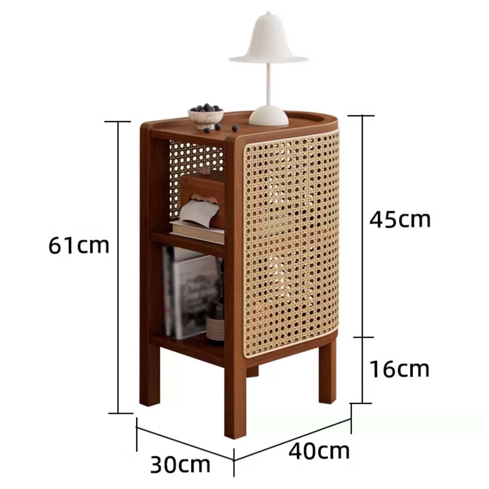 Comodino a 3 Ripiani in Rattan, Comodini Piccolo in Legno | Tavolino Stretti per Camera da Letto, Soggiorno, Ufficio e Studio