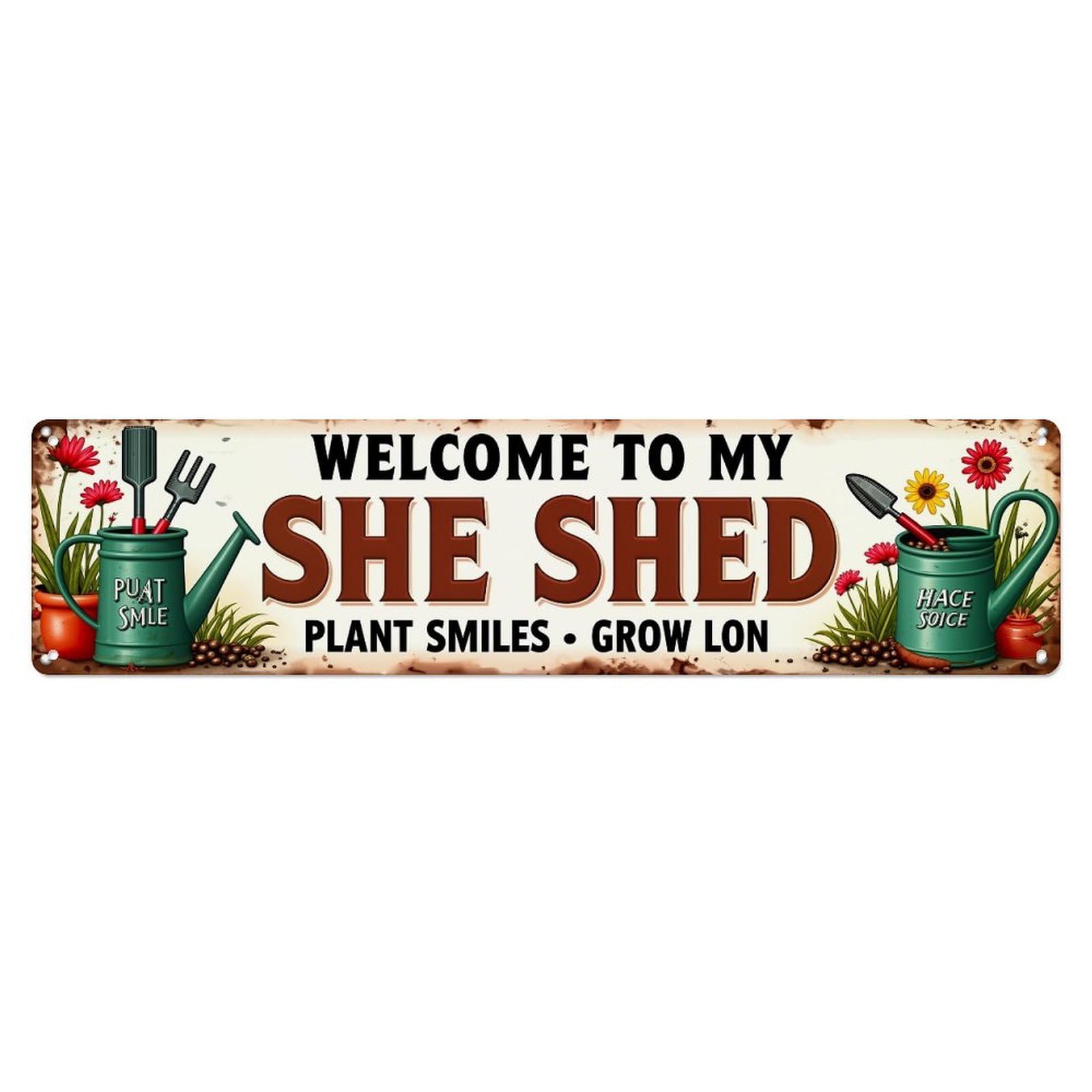 Jdyaojiesheng Vintage Welcome To My She Shed Plant Smiles Grow Lon Tin Sign Retro Metal Wall Decor Metal Poster, Home Bar Garage Farmhouse Cafe Wall Art Decoration 4X16inch