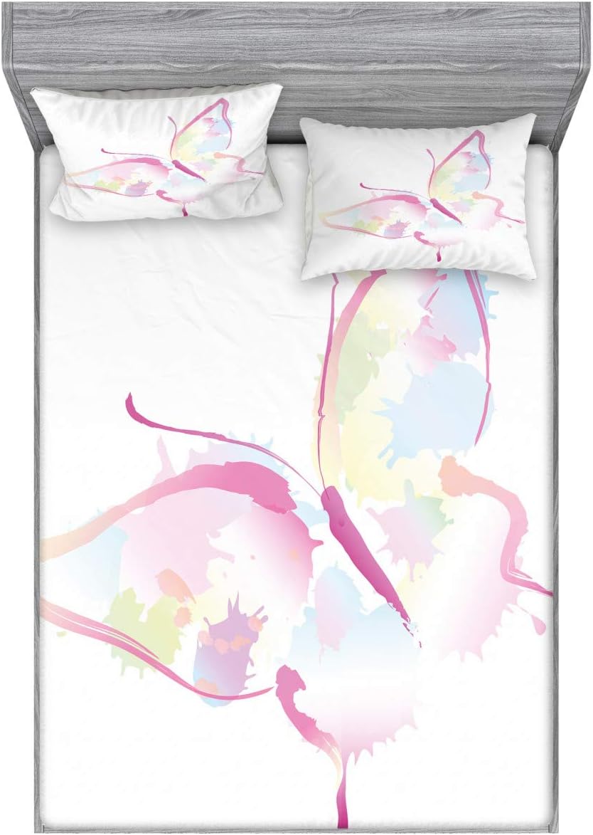 Ambesonne Butterfly Fitted Sheet & Pillow Sham Set, Spring Nature Inspired Watercolor Artwork Abstract Wings Color Splashes, Decorative Printed 3 Piece Bedding Decor Set, Full, Multicolor