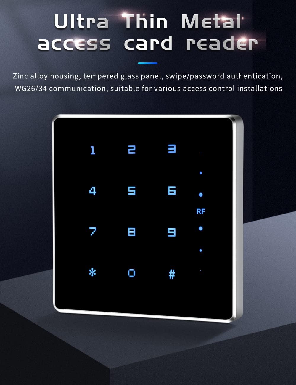 125khz Slim Metal Access Control Card Reader with PIN Keypad or Swipe Verification Tempered Glass Material Wiegand 26 34 Format 13.56mhz Contactless RF Reader (13.56MHZ Wiegand)