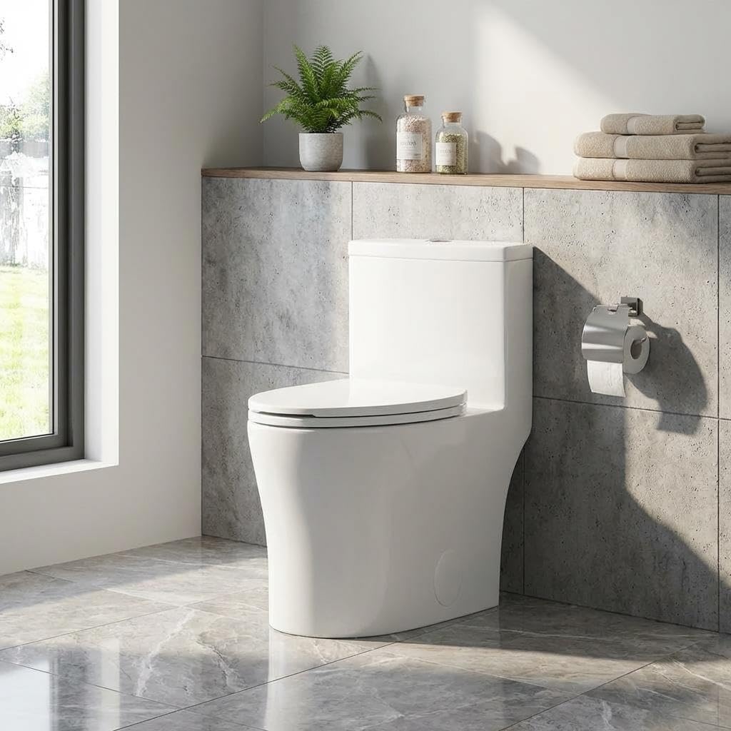 Elongated One Piece Toilet with Soft Close Seat, Dual Flush Top Button, Quick-Release Seat & Skirted Trapway, Modern Ceramic Water Efficient Toilet for Bathroom Remodel, White