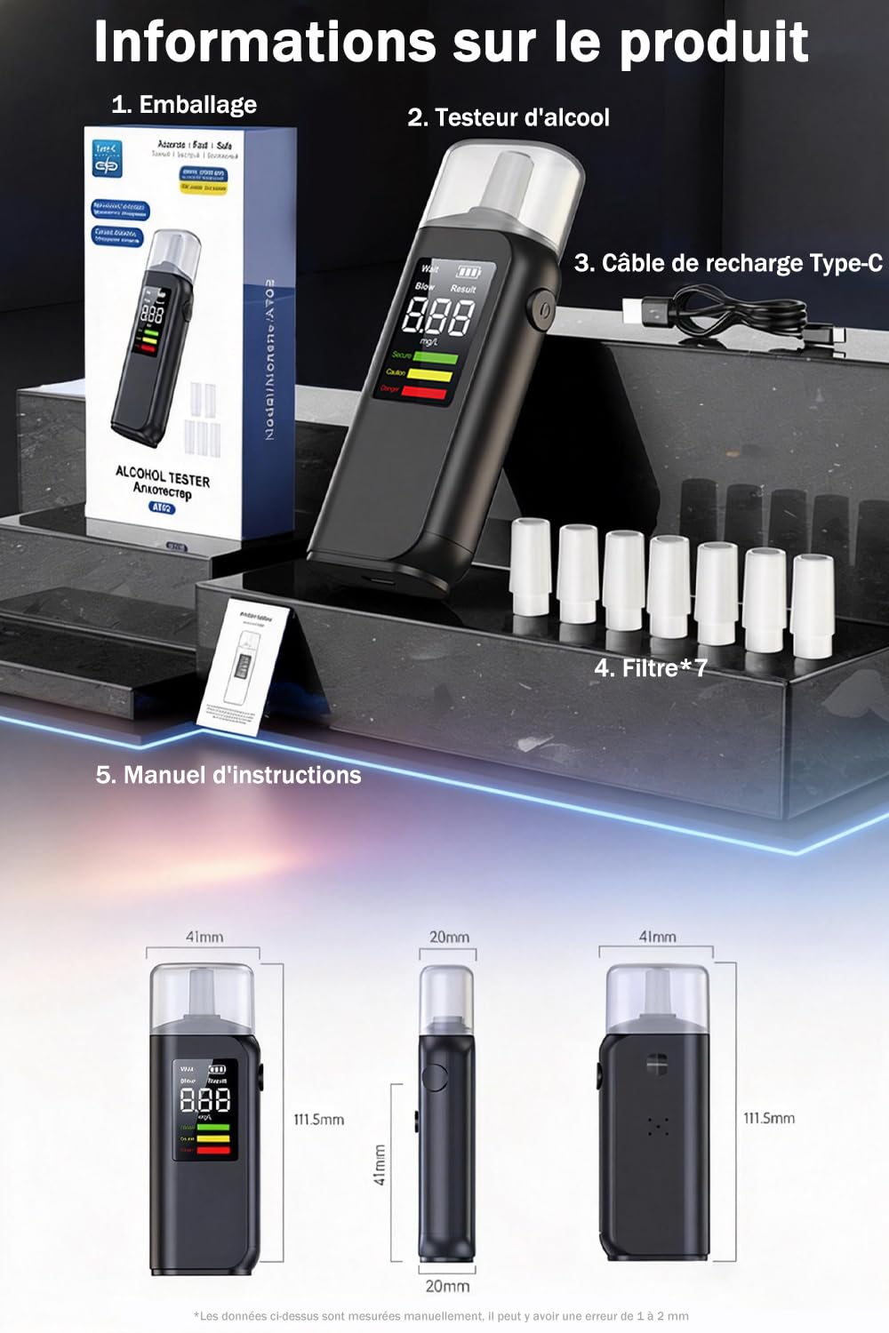 Alcootest Ethylotest Electronique, HD LED d'Affichage Numérique, Charge Type-C, Capteur Haute précision, Deux méthodes de test, Avec 8 embouts, pour un usage personnel, domestique et professionnel